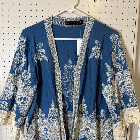 New York & Company Kimono Cardigan Women's XS Blue Rayon Open Front Crochet NWT - Picture 2 of 12
